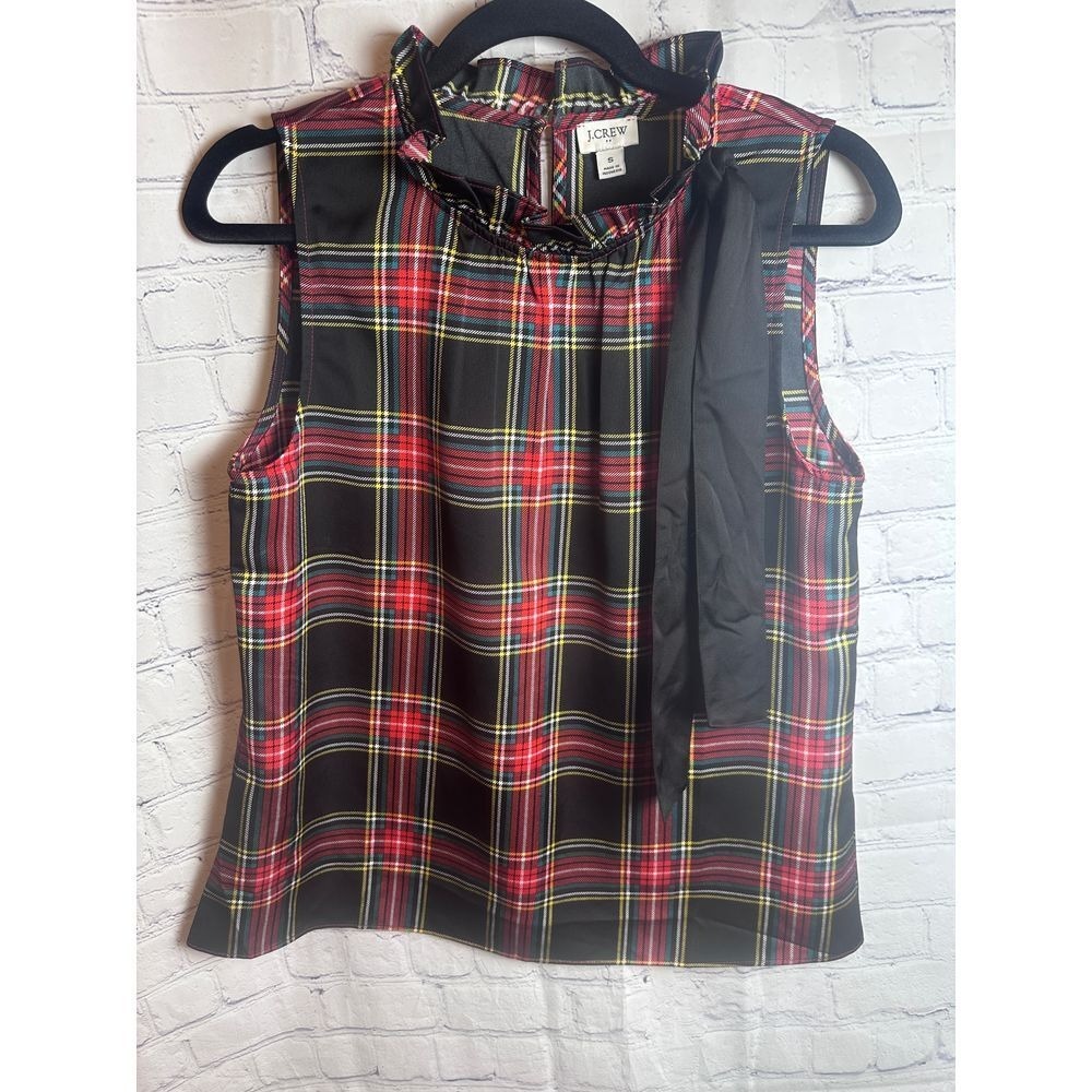 J. Crew Plaid Sleeveless Top Tie Neck Career Party Holiday Size S